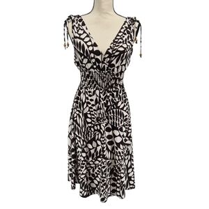 VTG Y2K Brown White Plunge V Neck Leaf Print Midi Dress Smocked Waist 2000s Boho